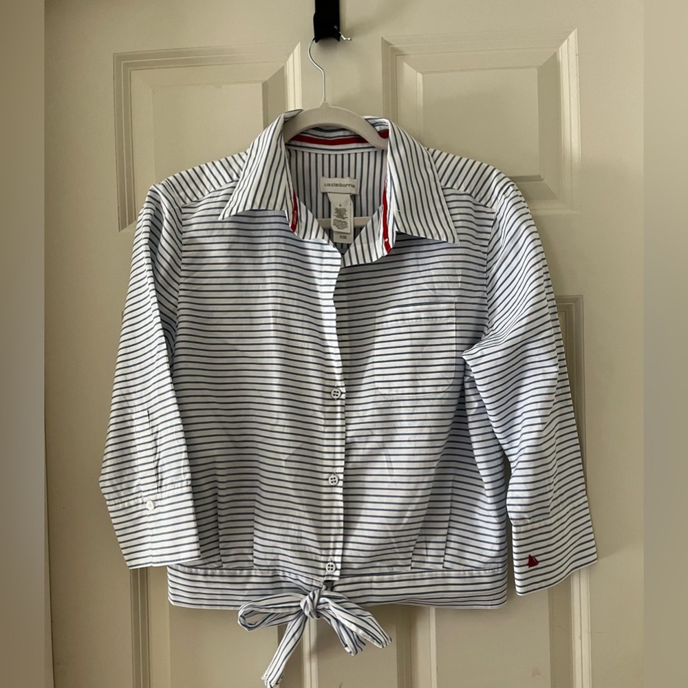 Liz Claiborne Cotton Button Up Shirt Blue White Stripe V Neck Tie waist size 8